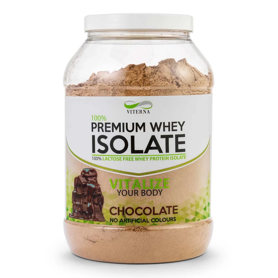 Viterna 100% Premium Whey Isolate 2 kg proteinpulver i en transparent boks med grønnhvit etikett for smaken Chocolate.