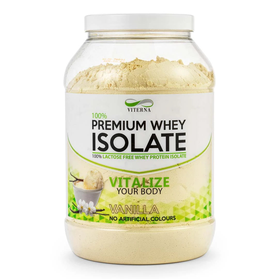 Viterna 100% Premium Whey Isolate 2 kg i en transparent boks med hvit etikett for smaken Vanilla., bilde 3 av 3