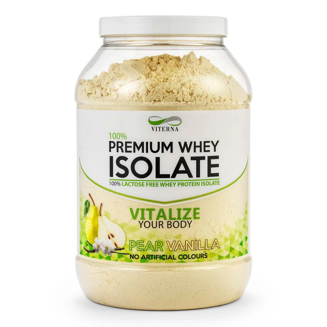 Viterna 100% Premium Whey Isolate 2 kg proteinpulver i en transparent boks med hvit etikett for smaken Pear Vanilla.