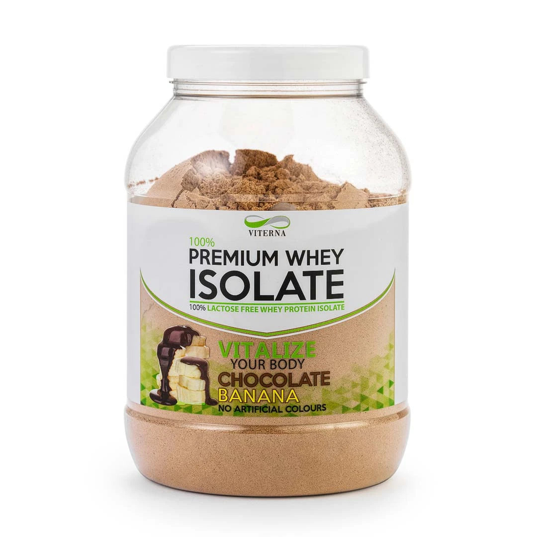 Viterna 100% Premium Whey Isolate 2 kg proteinpulver med smaken Chocolate Banana i en gjennomsiktig boks.
