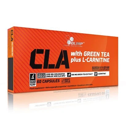 Olimp CLA & Green Tea + L-carnitine 60 caps i en oransje og hvit forpakning for fettforbrenning.