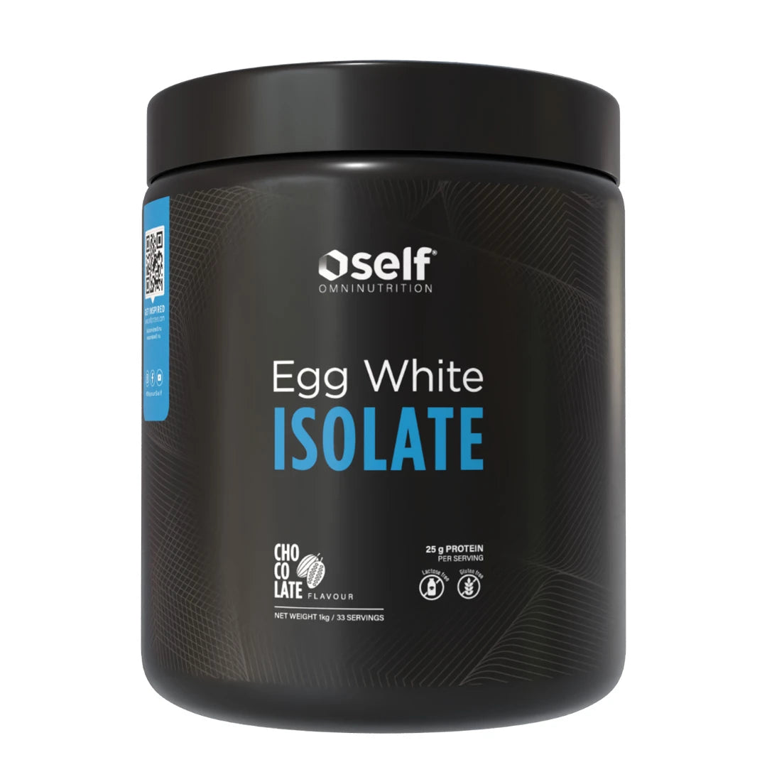 Self Omninutrition Egg White Isolate 1 kg proteinpulver i en svart boks med blå og hvite detaljer for smaken Chocolate.