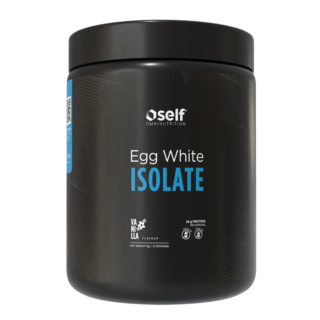 Self Omninutrition Egg White Isolate 1 kg proteinpulver i en svart boks med blå detaljer for smaken Vanilla., bilde 2 av 2