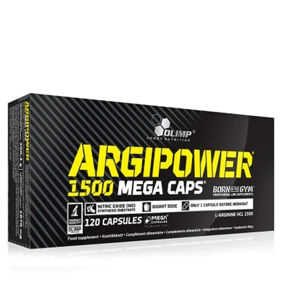 Olimp ArgiPower 1500 Mega caps 120 caps l-arginin i en svart eske med gul tekst og sportslig design.