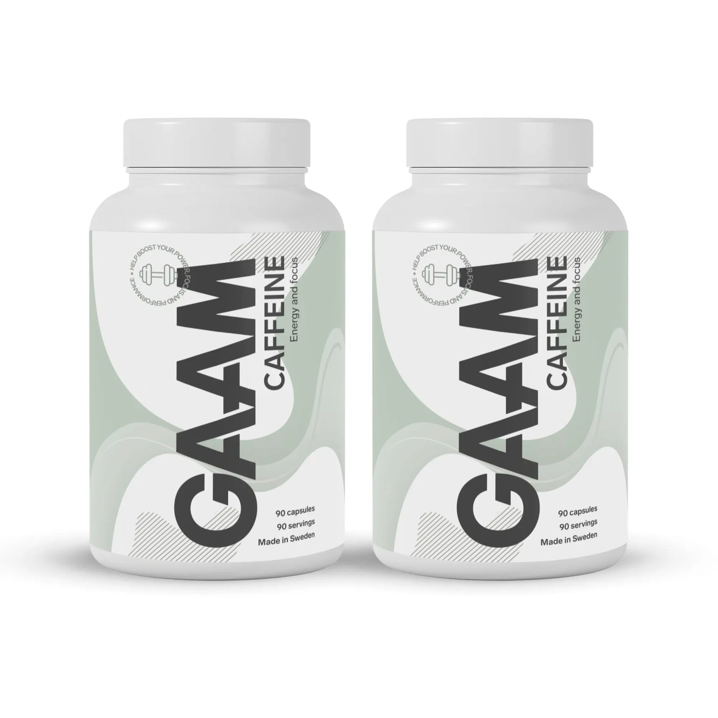 2 x GAAM Caffeine 90 tabs i to hvite bokser med grå og lysegrønne detaljer på etiketten.