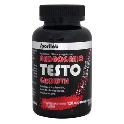 Sportlab Androgenic Testo Growth 120 caps i en svart boks med rød og hvit tekst for økt testosteronproduksjon.