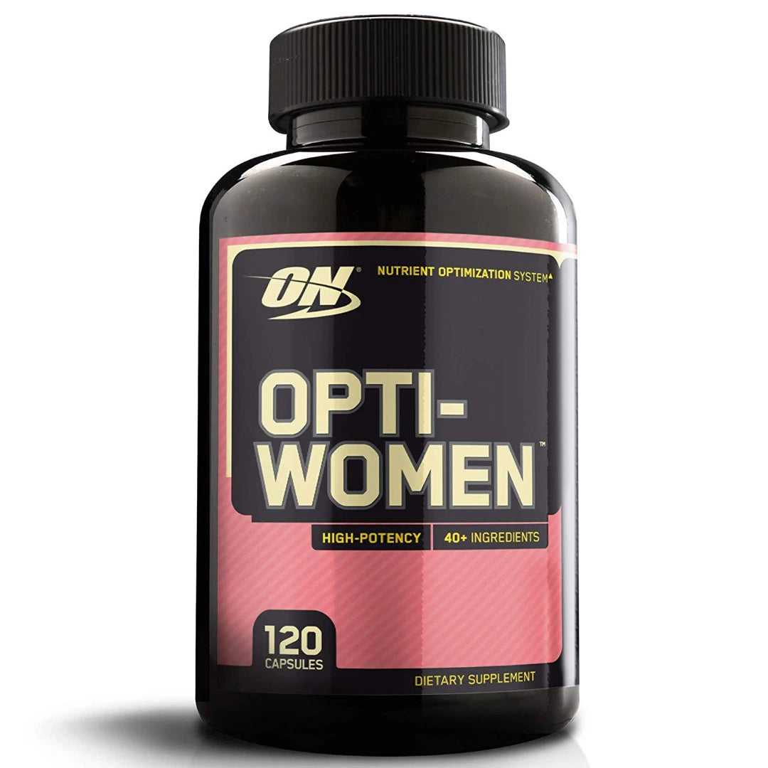Optimum Nutrition Opti-Women 120 tabs multivitamin for kvinner i en svart boks med rosa og hvit etikett.