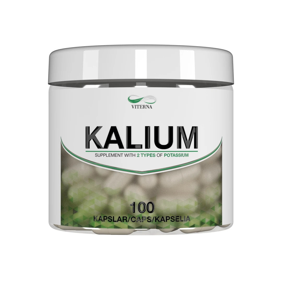 Viterna Kalium 100 caps i en hvit boks, et kosttilskudd for normal muskel- og nervefunksjon.