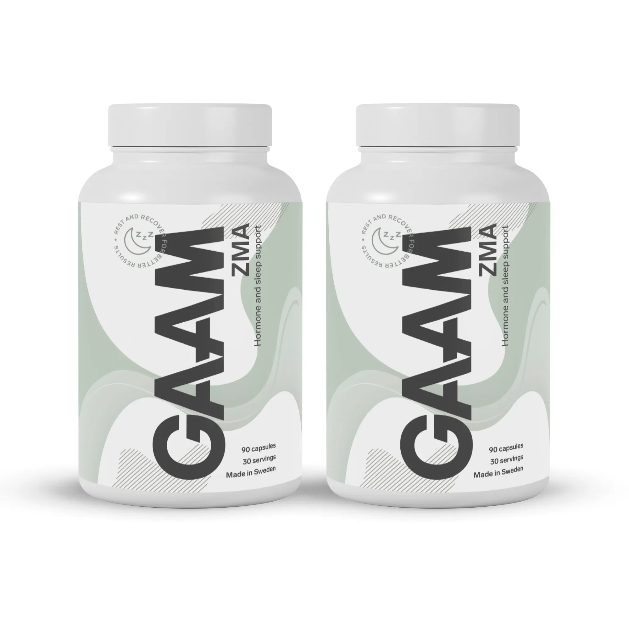 2 x GAAM ZMA 90 caps i to hvite bokser med lysegrønn etikett og svart tekst.