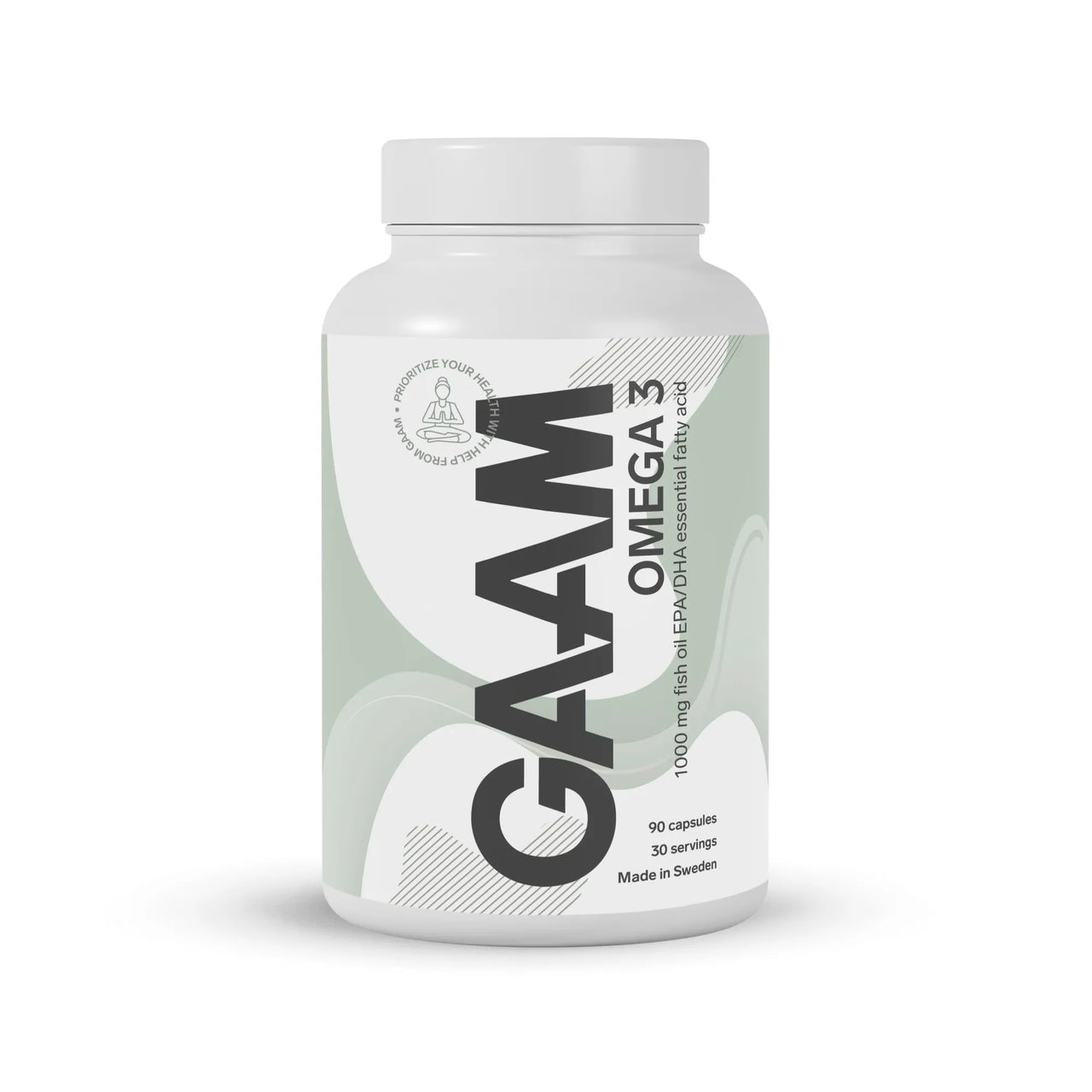 Hvit boks med GAAM Omega-3 90 caps kosttilskudd, med lysegrønn og hvit etikett med svart tekst.