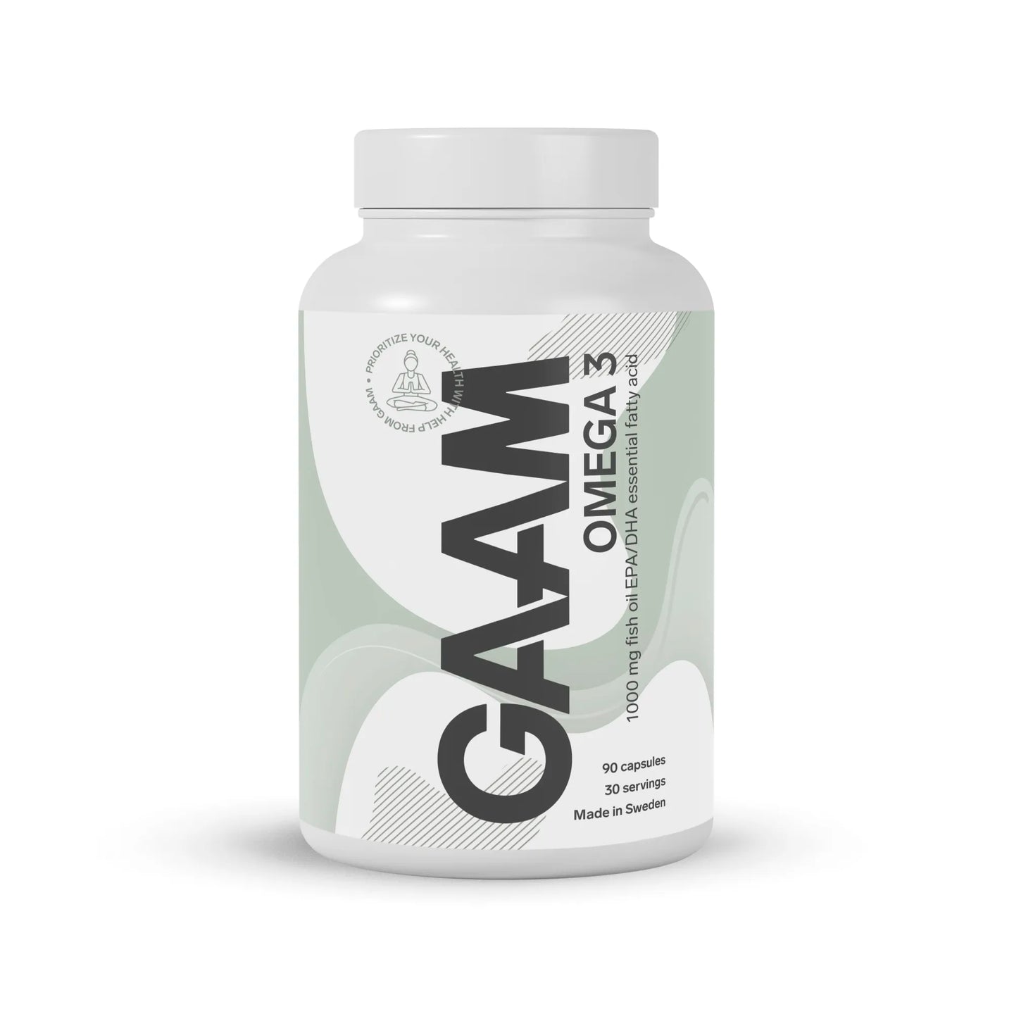 Hvit boks med GAAM Omega-3 90 caps kosttilskudd, med lysegrønn og hvit etikett med svart tekst.