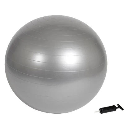 Virtufit Gym Ball + Pump 85 cm, en sølvfarget treningsball i PVC med en tilhørende svart pumpe.