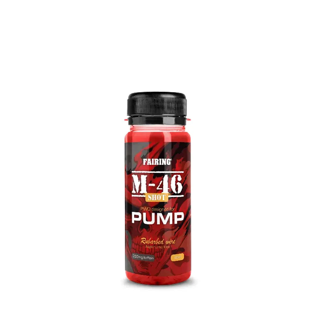 Fairing M-46 Shot 60 ml PWO i en liten rød og svart plastflaske med svart kork og teksten PUMP.