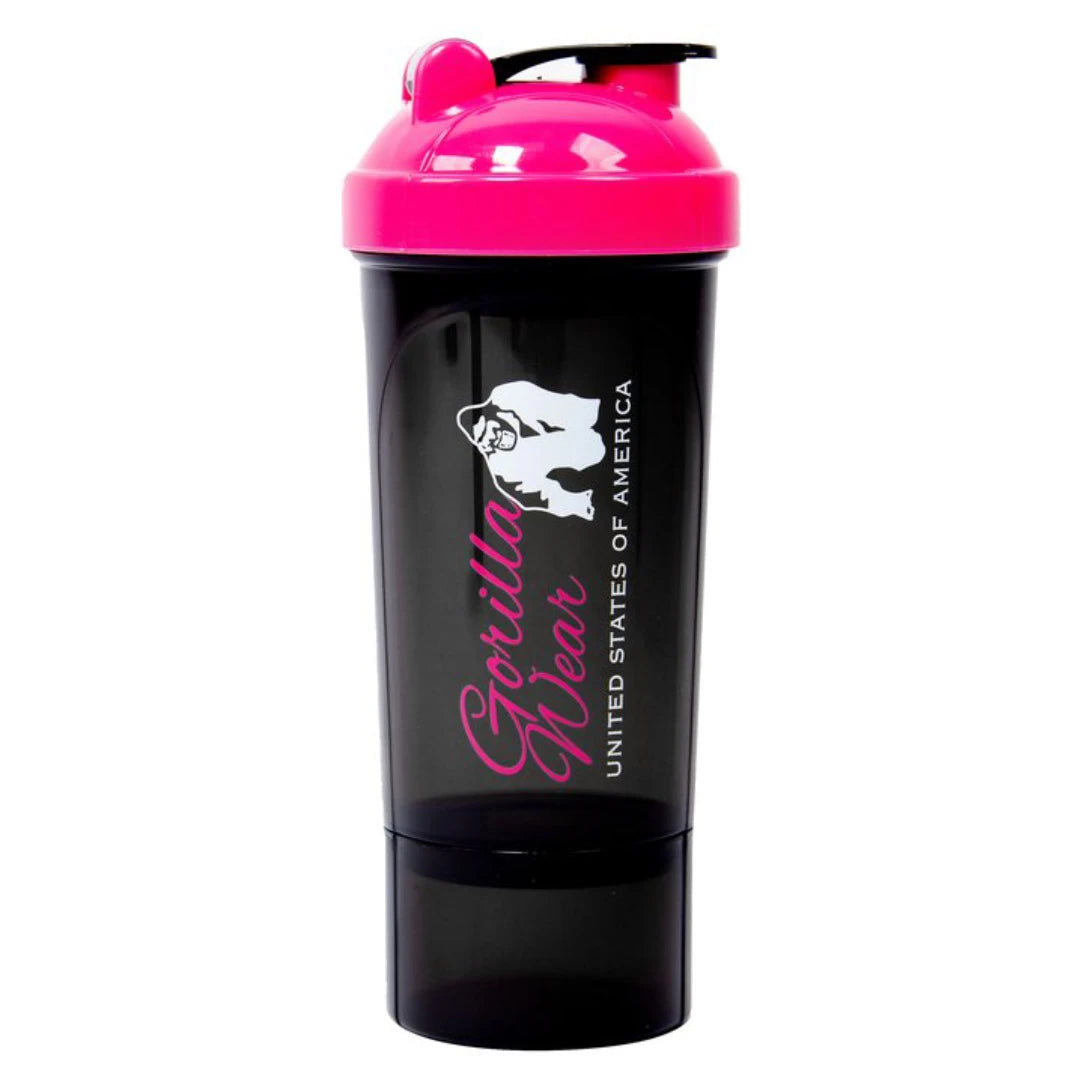 Svart og rosa Gorilla Wear Compact Shaker Black & Pink med separat oppbevaringsbeholder for pulver eller tabletter.
