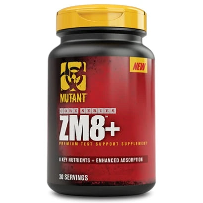 Mutant Nutrition ZM8+ 90 caps i en svart boks med gult lokk og rød etikett, et ZMA-kosttilskudd.