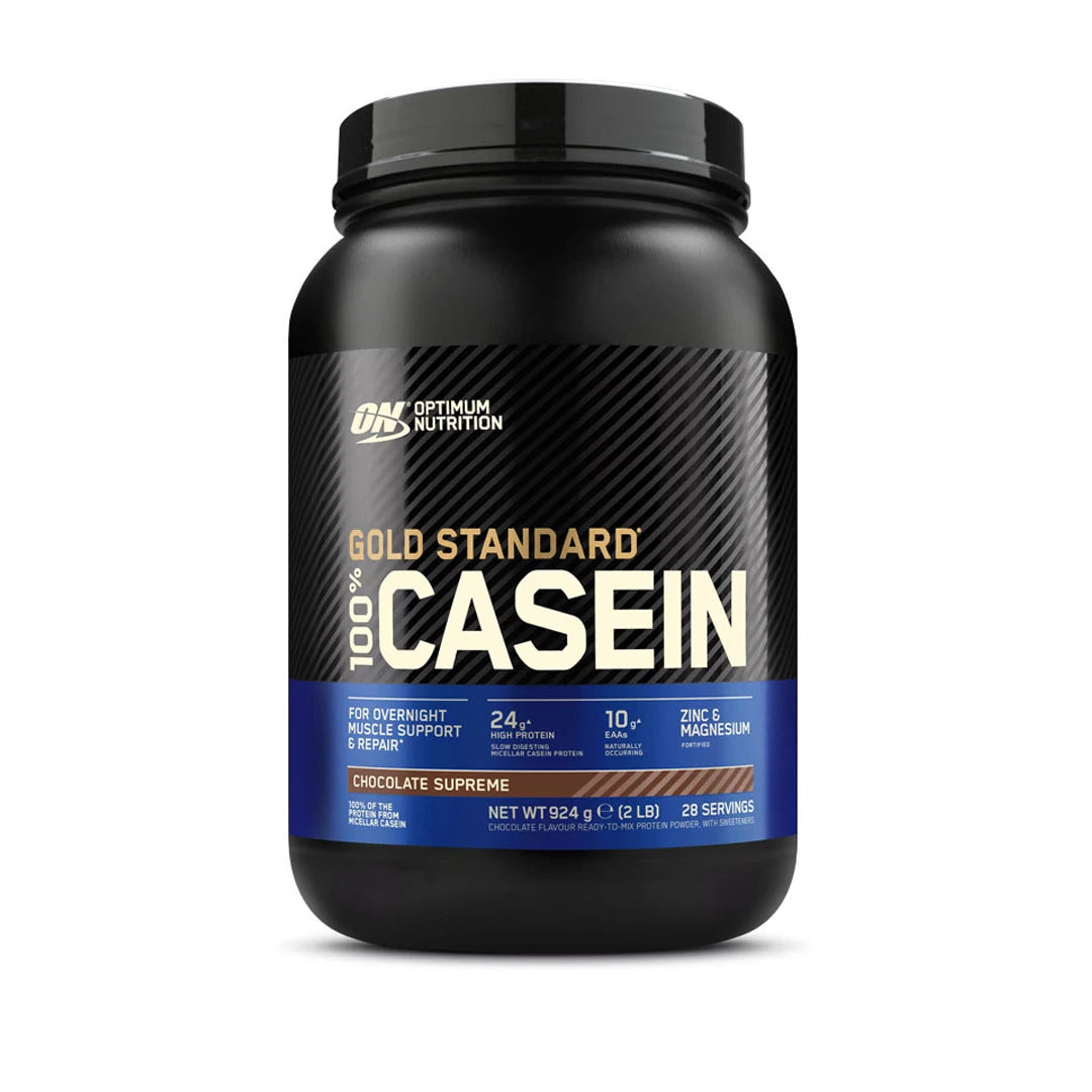 Optimum Nutrition 100% Casein Gold Standard 908 g kaseinprotein i en svart boks med blå detaljer.