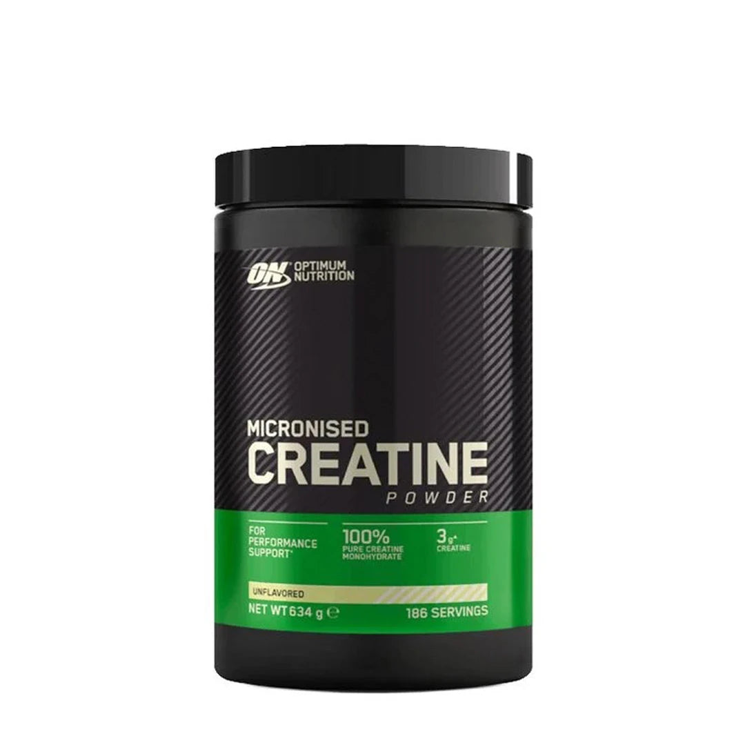 Optimum Nutrition Creatine Powder 634 g i en svart boks med grønne detaljer.