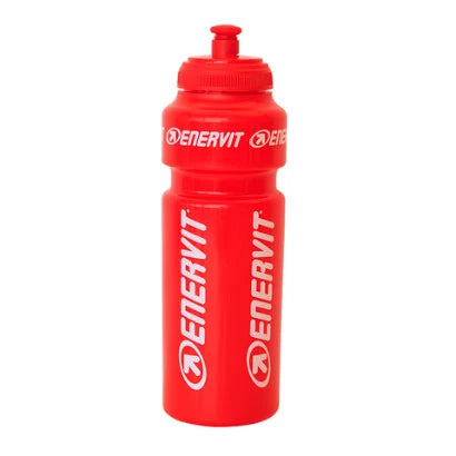 Rød Enervit vannflaske 750 ml med hvite logoer og smidig kork.