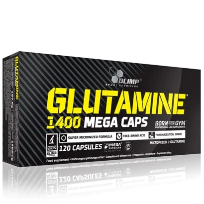 Olimp Glutamine 1400 Mega Caps 120 caps aminosyrer i kapselform, svart forpakning med fremtredende gul tekst.
