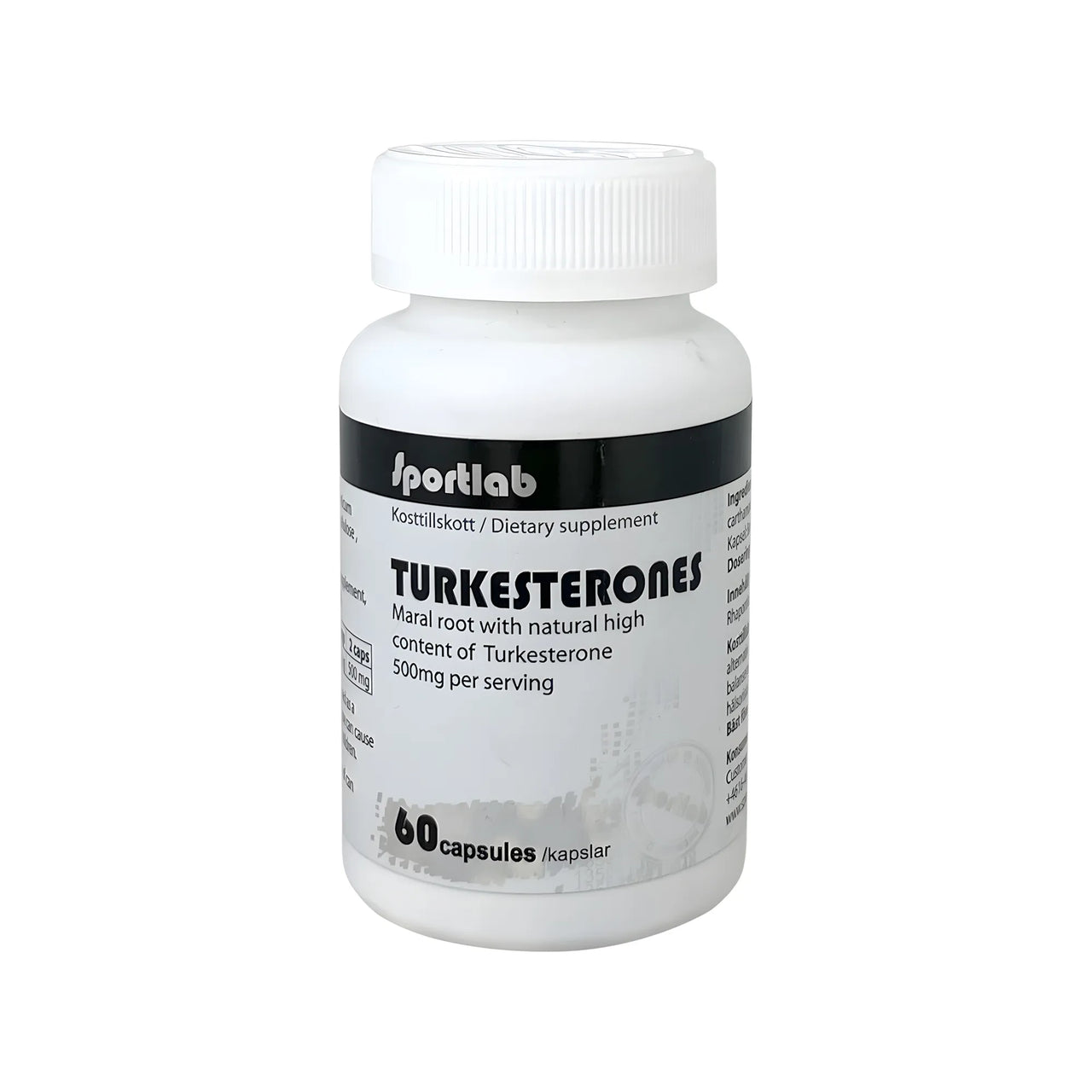 Sportlab Turkesterone 60 caps kosttilskudd i en hvit boks med svarte detaljer og tekst for testosteronøker.
