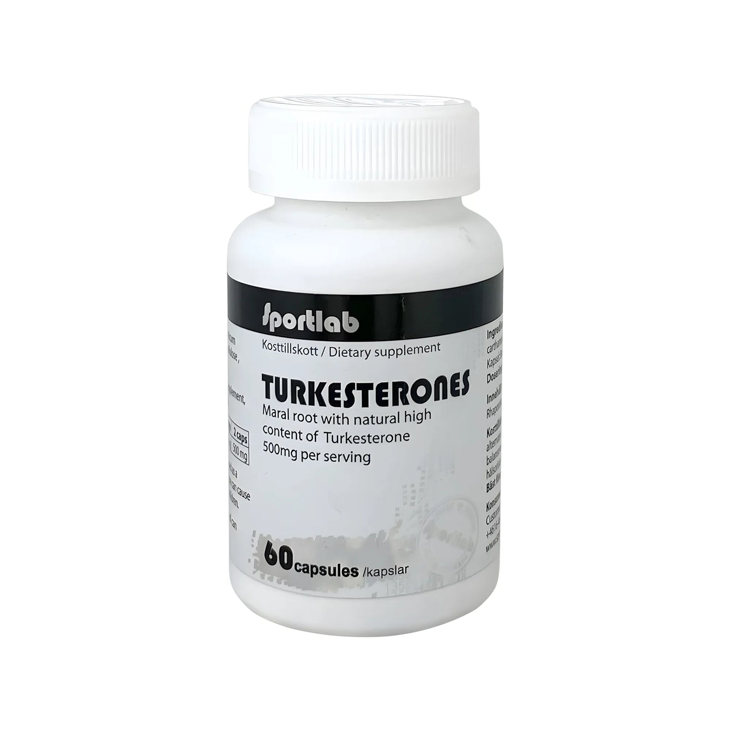 Sportlab Turkesterone 60 caps kosttilskudd i en hvit boks med svarte detaljer og tekst for testosteronøker.