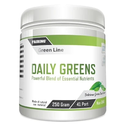Fairing Daily greens 250 g kosttilskudd i en hvit plastboks med grønne detaljer og smaken Delicious Green Tea.