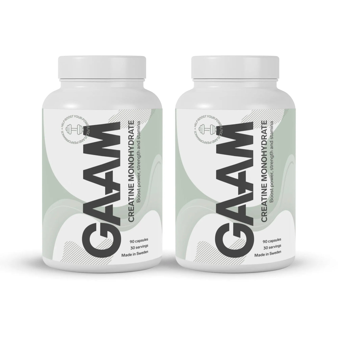 2 x GAAM Creatine Monohydrate 90 caps i hvite bokser med grå og grønne detaljer.