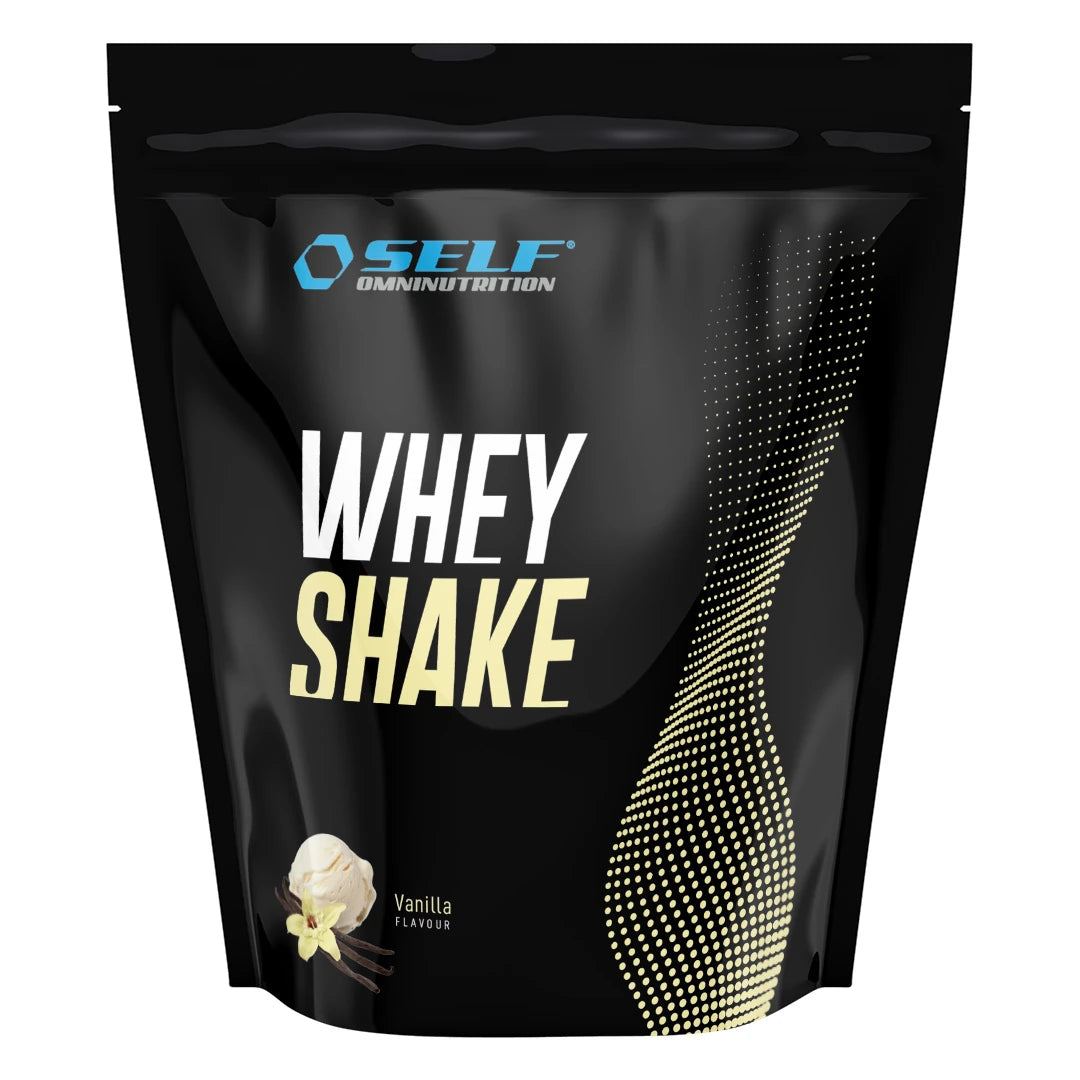 Svart pose med Self Omninutrition Whey Shake 1 kg proteinpulver i smaken Vanilla.