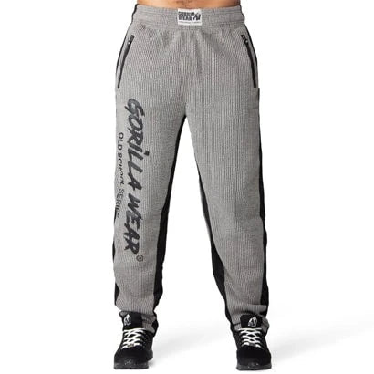 Gorilla Wear Augustine Old School Pants Grey, grå treningsbukser i seersucker med svarte meshpaneler og stor logo., bilde 4 av 4