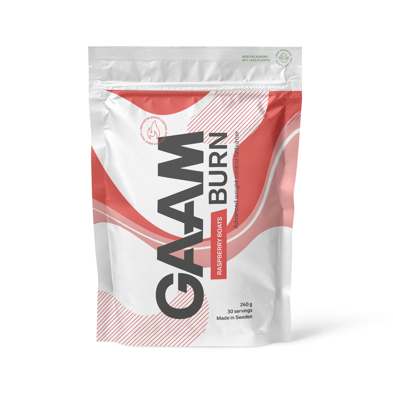 GAAM Burn 240 g fettforbrenner i en hvit pose med røde detaljer for smaken Raspberry Boats.