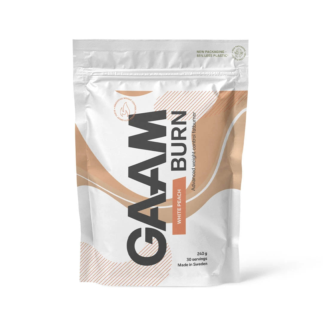 GAAM Burn 240 g fettforbrenner i en hvit pose med ferskenfarget mønster for smaken White Peach.