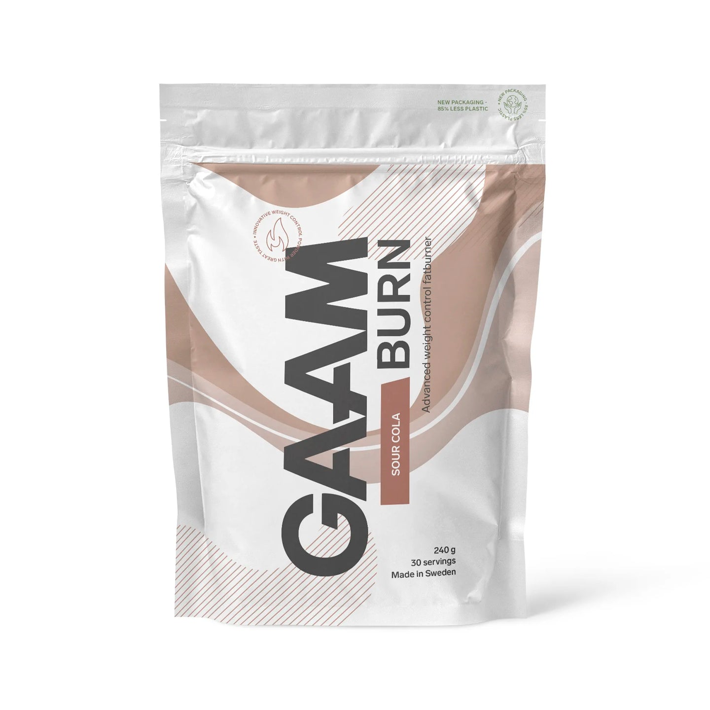 GAAM Burn 240 g fettforbrenner i pulverform i en hvit og brun pose for smaken Sour Cola., bilde 4 av 7