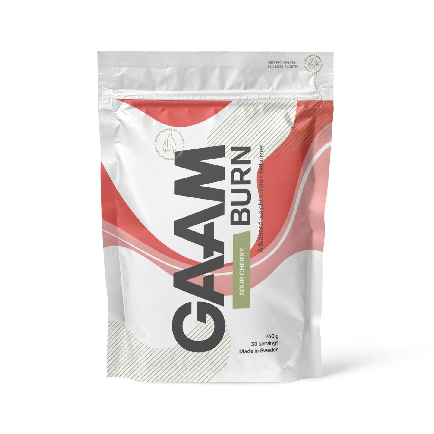 GAAM Burn 240 g pulver i en hvit pose med røde detaljer for smaken Sour Cherry., bilde 5 av 7