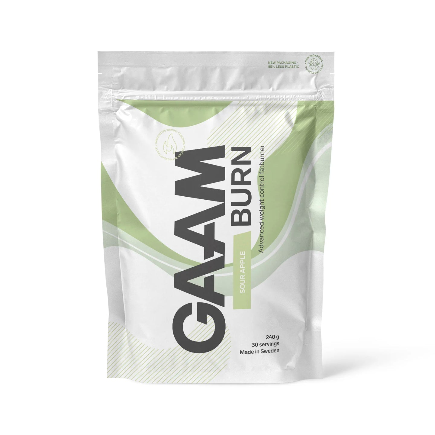 GAAM Burn 240 g pulver i en hvit pose med lysegrønne detaljer for smaken Sour Apple., bilde 6 av 7