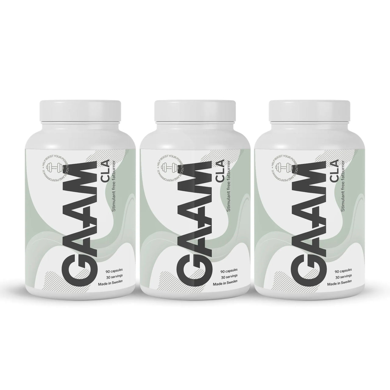 3 x GAAM CLA 90 caps i tre hvite bokser med grønn og hvit etikett for stimulantfri fettforbrenning.