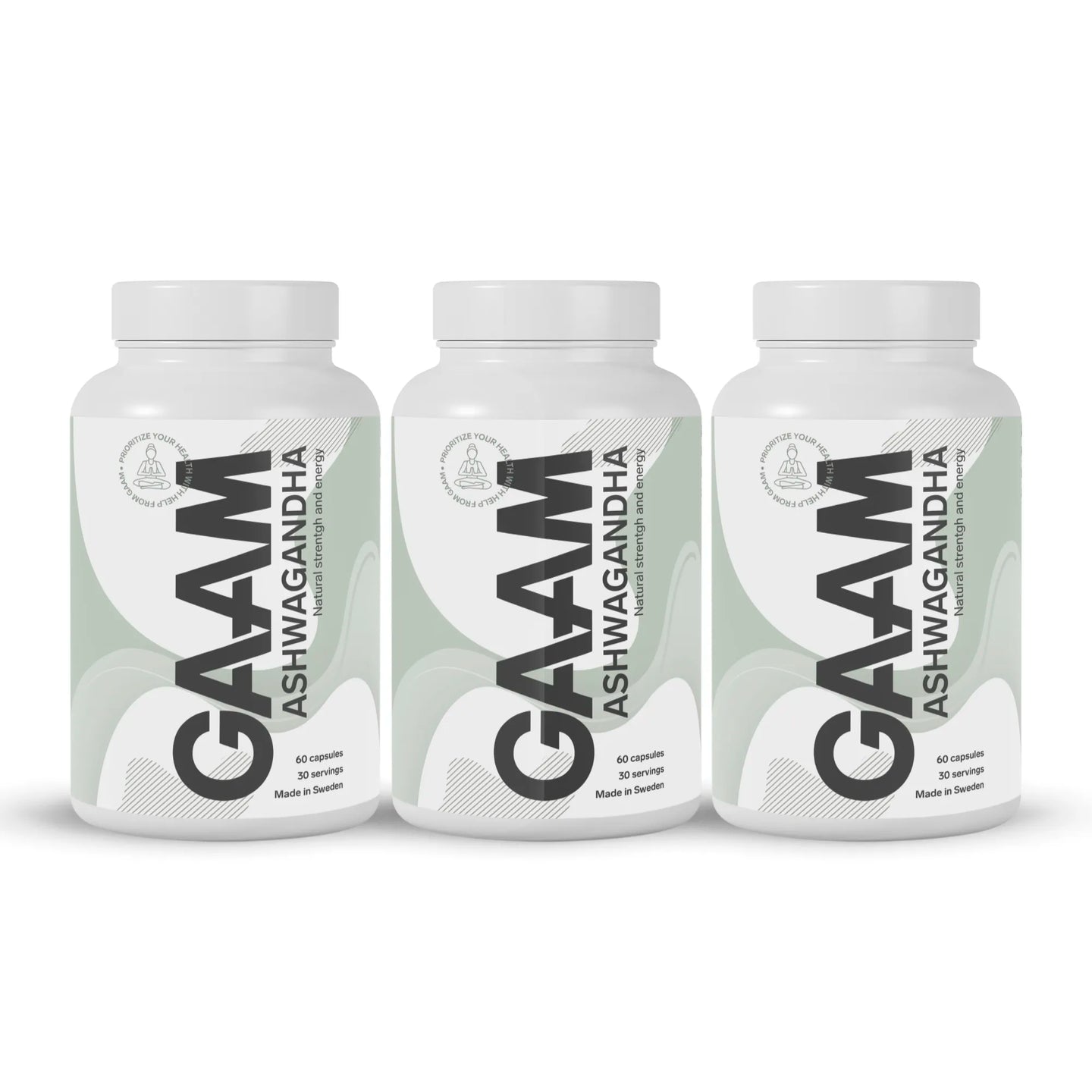 3 x GAAM Ashwagandha 60 caps i en storpakning bestående av tre hvite bokser med lysegrønne detaljer.