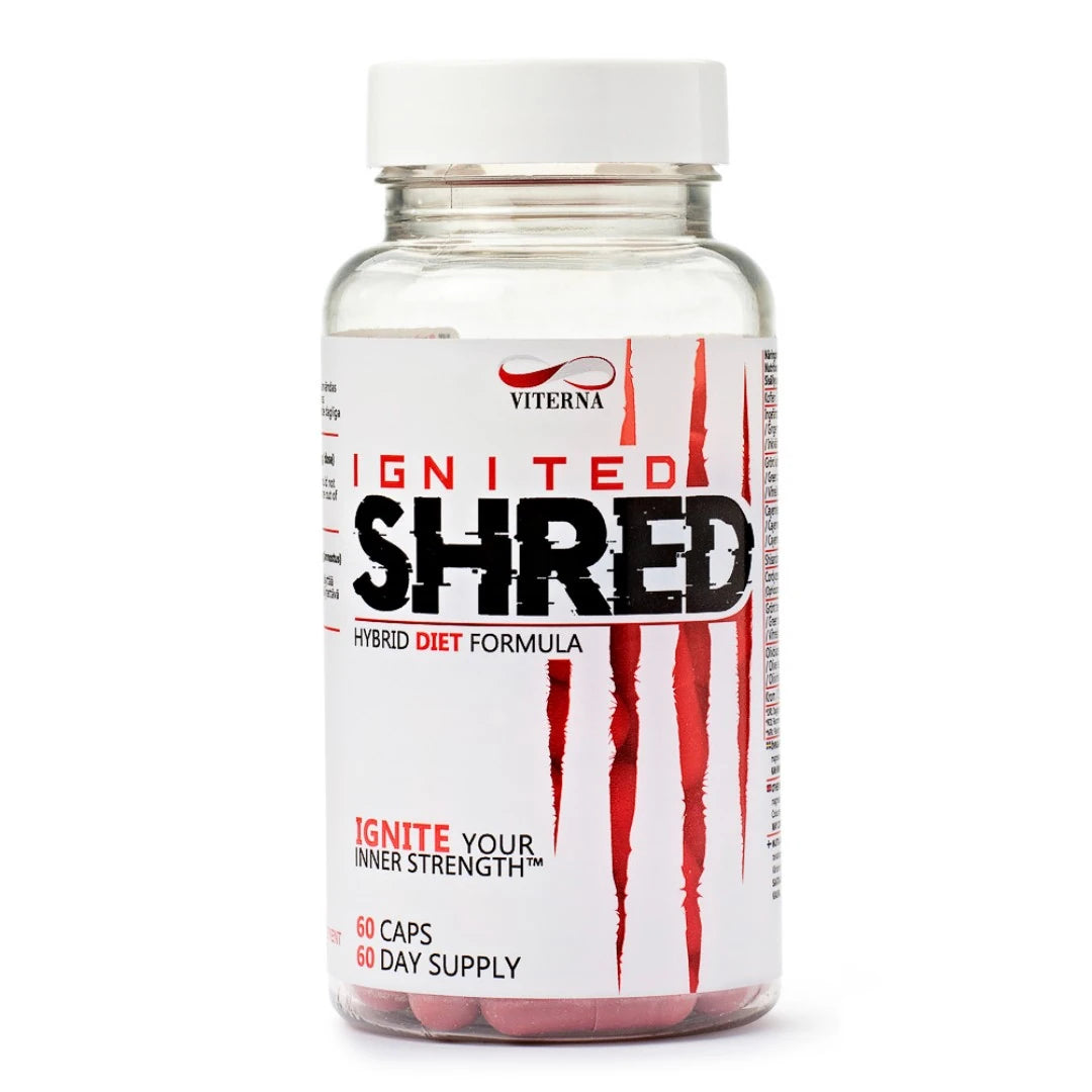 Viterna Ignited Shred 60 caps fettforbrenner i en gjennomsiktig boks med hvit etikett og røde detaljer.