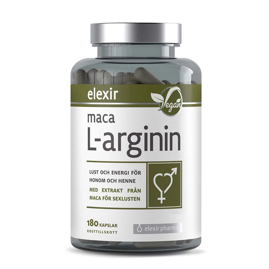 Elexir Pharma Maca L-arginin 180 caps i en gjennomsiktig plastboks med sølvlokk og hvit etikett med grønne detaljer.