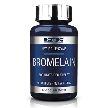 Scitec Nutrition Bromelain 90 caps i en mørkeblå boks med sølvfarget lokk og etikett.