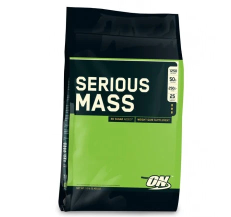 Optimum Nutrition Serious Mass 5.44 kg gainer pakket i en svart og grønn pose.