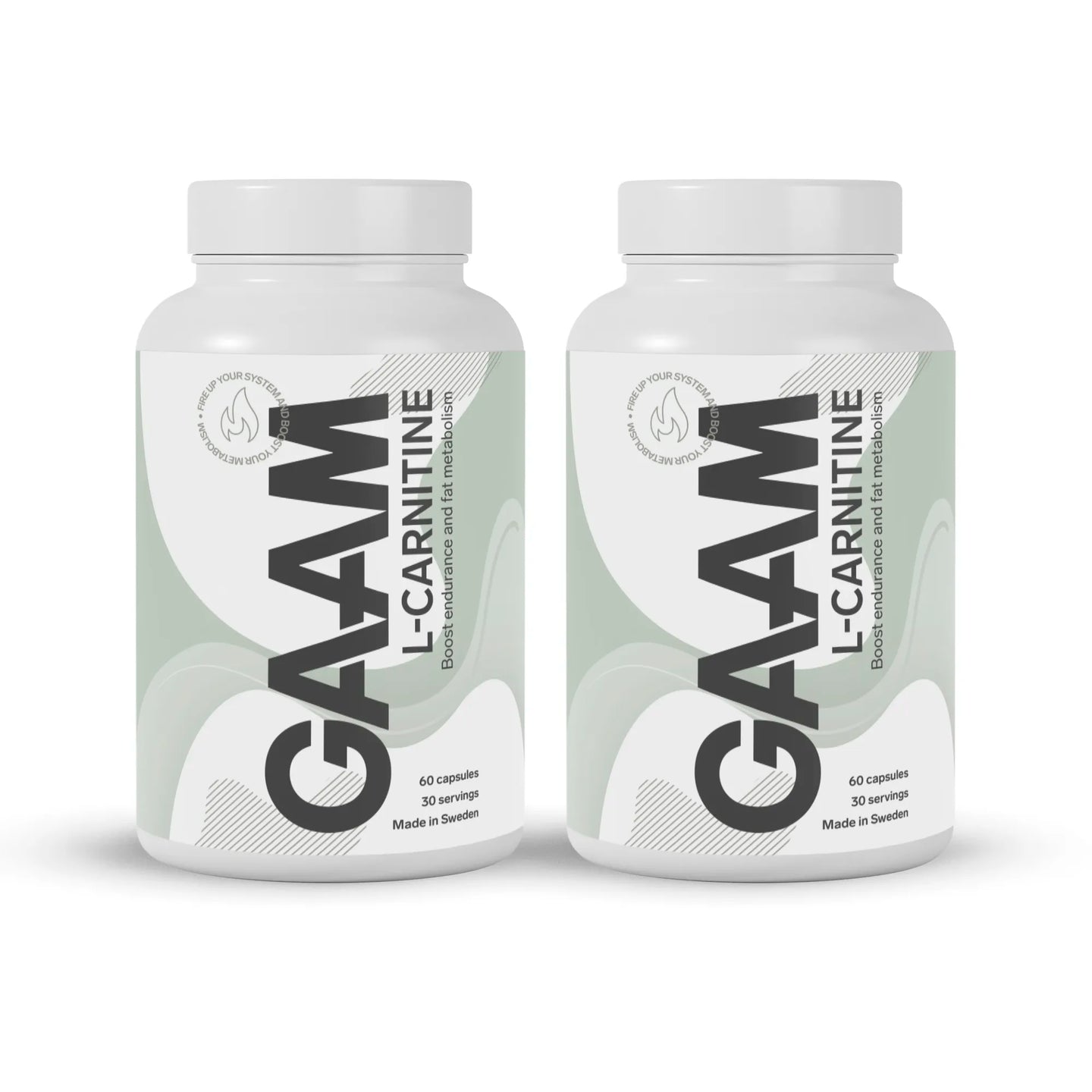 2 x GAAM L-Carnitine 60 caps kosttilskudd i en duopakke med hvite bokser som har grå og grønne detaljer.