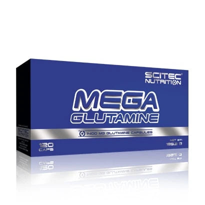 Scitec Nutrition Mega Glutamine 120 caps aminosyretilskudd i en blå kartong med sølvdetaljer.