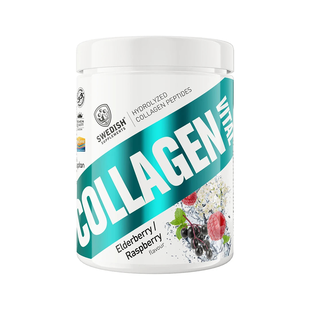 Swedish Supplements Collagen Vital 400 g kollagenpulver i en hvit boks med turkise detaljer og smak av Elderberry Raspberry.