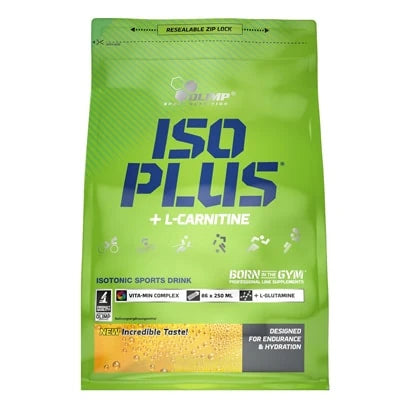 Olimp Iso Plus 1.5 kg isotonisk sportsdrikk i en grønn gjenlukkbar pose med blå tekst.