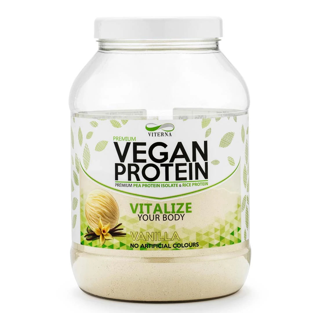 Viterna Vegan Protein 900 g proteinpulver i en gjennomsiktig boks med grønne detaljer for smaken Vanilla.