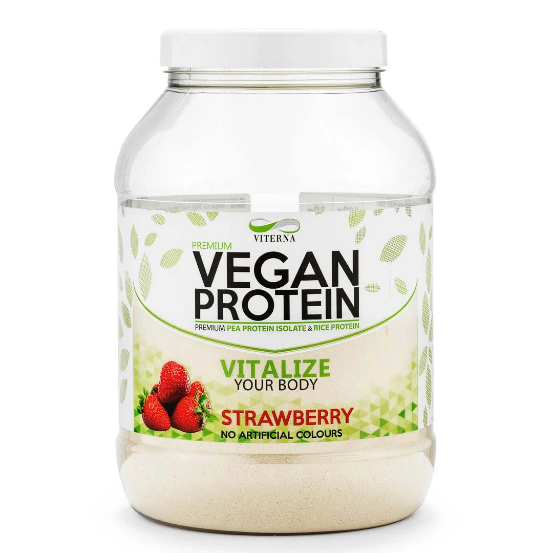 Viterna Vegan Protein 900 g vegansk proteinpulver i en transparent boks med hvit etikett i smaken Strawberry.