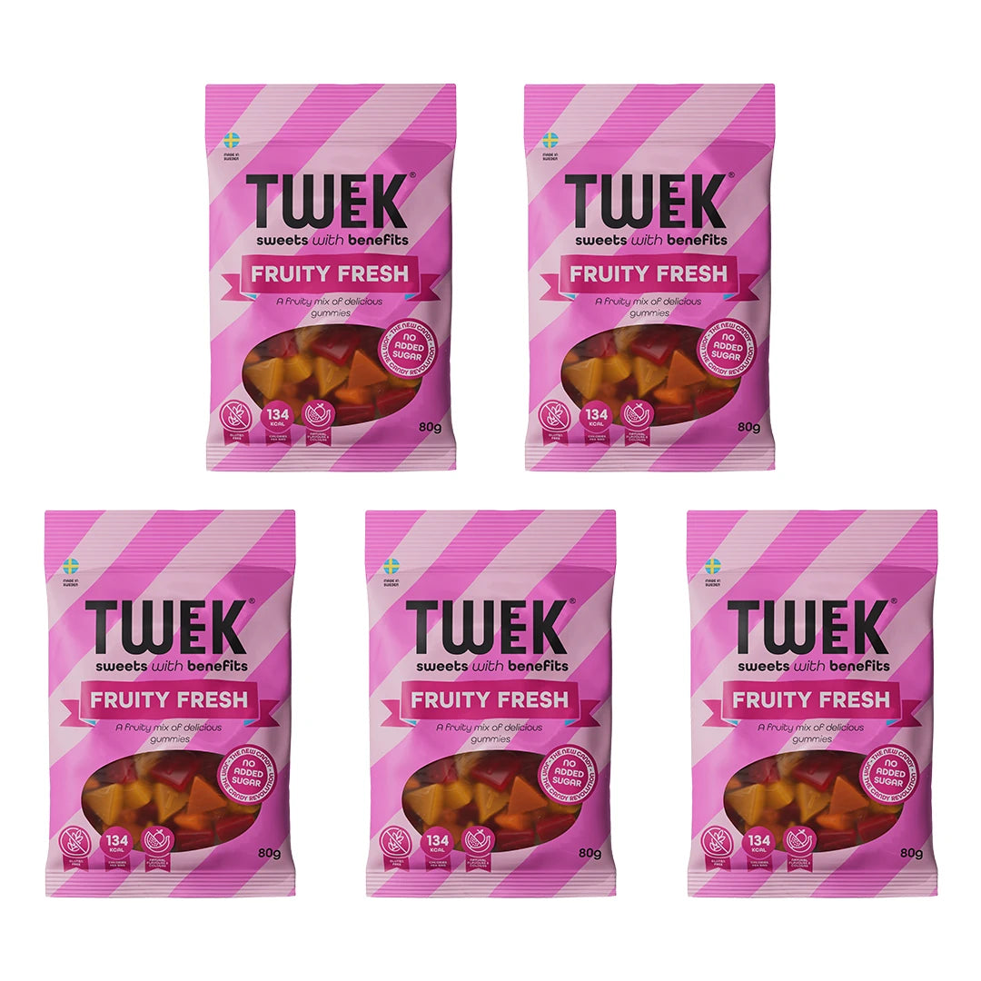 5 x Tweek Sweets 80 g Fruity Fresh i rosa godteposer med vindu som viser de fargerike fruktgodteriene inni.