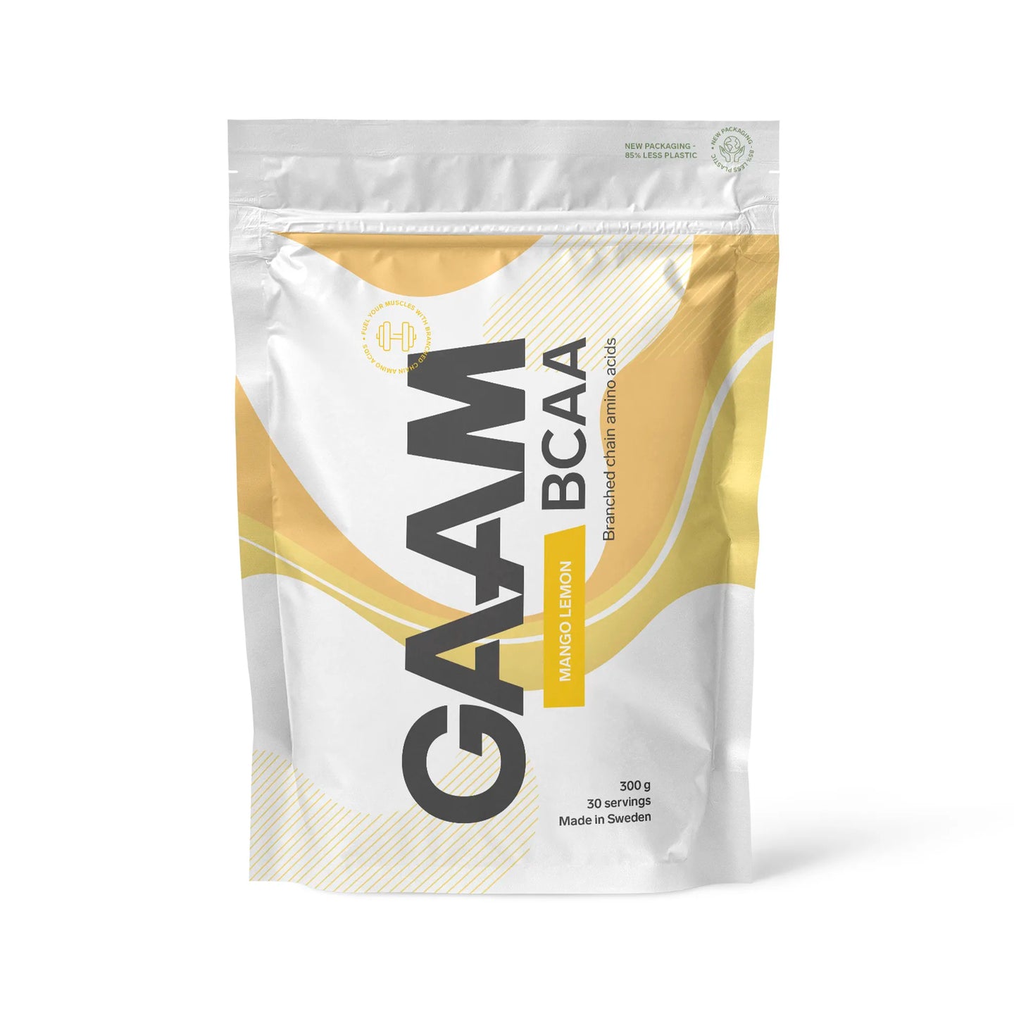 GAAM BCAA 300 g aminosyrer i en hvit pose med gule detaljer for smaken Mango Lemon.