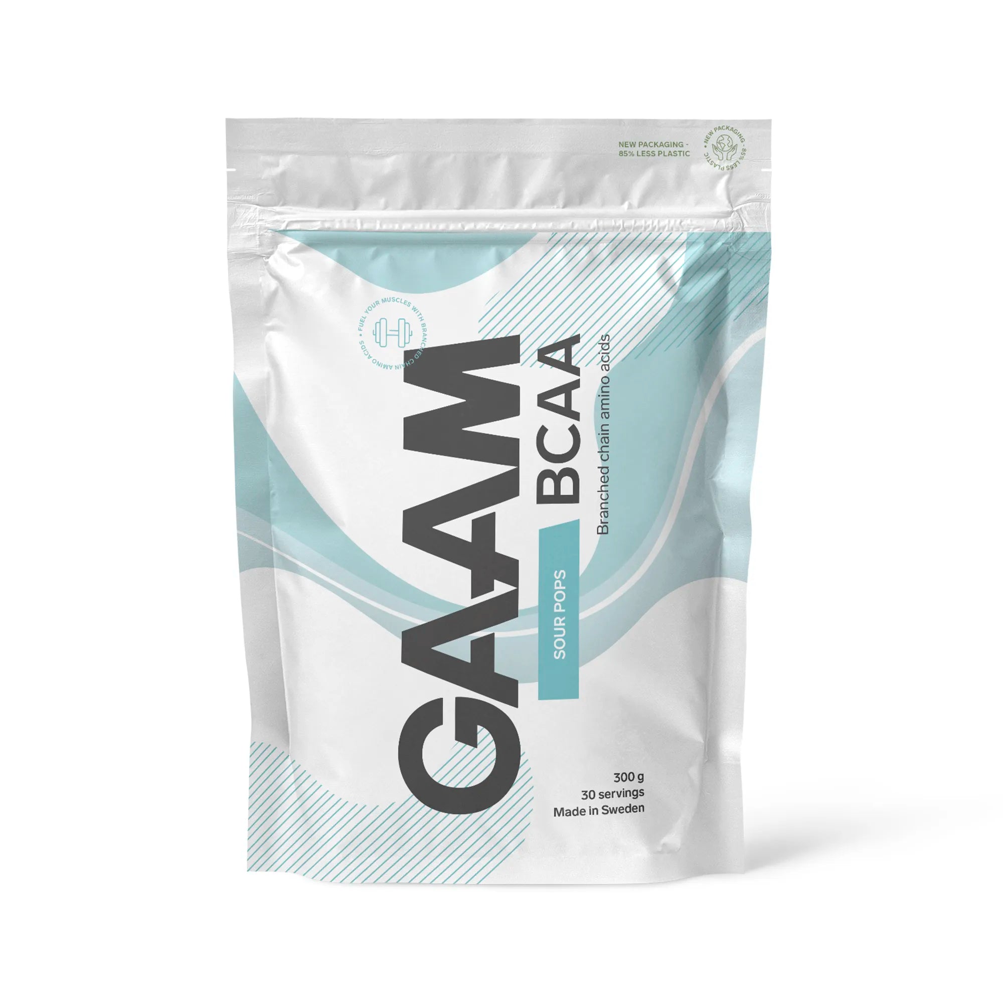 GAAM BCAA 300 g aminosyrer i en hvit pose med lyseblå detaljer for smaken Sour Pops.