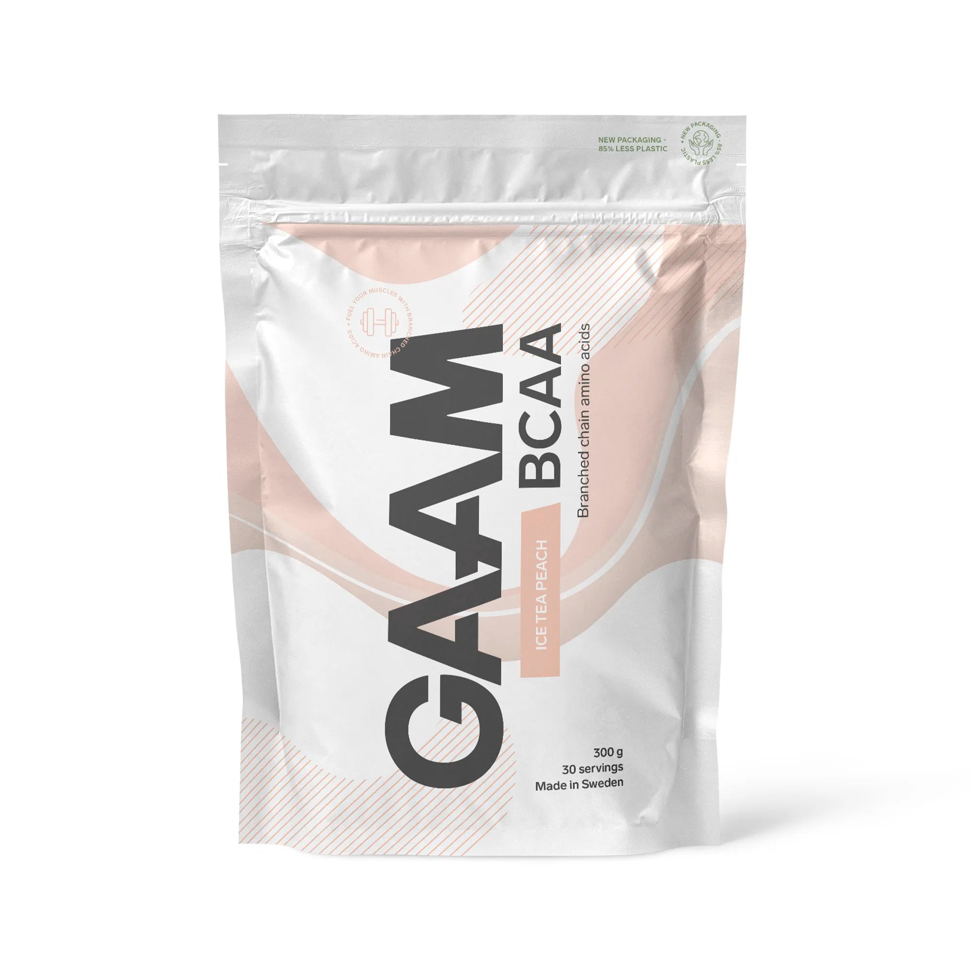 GAAM BCAA 300 g i en hvit pose med ferskenfargede detaljer for smaken Ice Tea Peach.